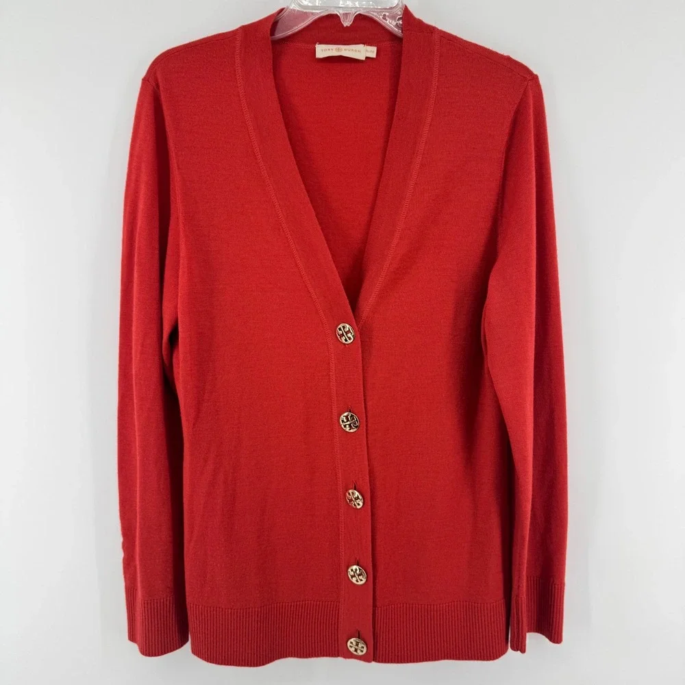 Tory Burch Simone Cardigan Womens XL Orange Merino Wool V-Neck Logo Button *READ